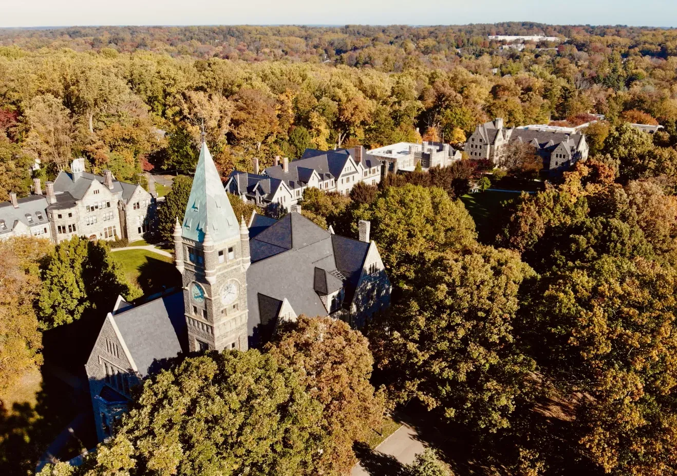 Drone shot of campus in the fall